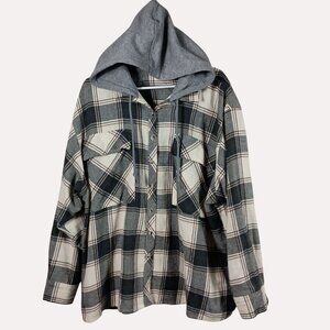 Hooded Plaid Flannel Shirt Womens XL Gray Shacket Grunge 90s Skater Outdoors
